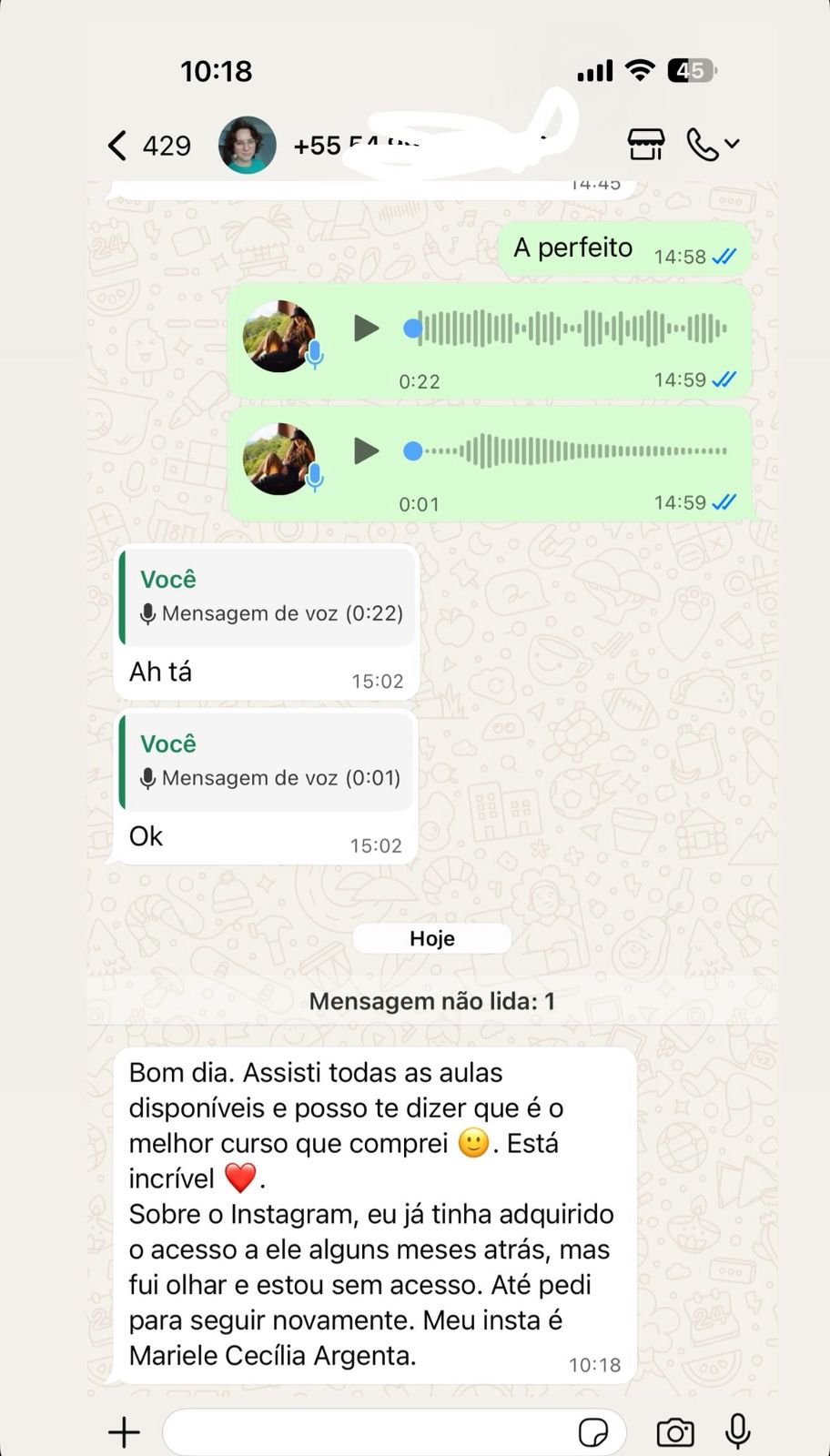 Depoimento elogiando qualidade do curso